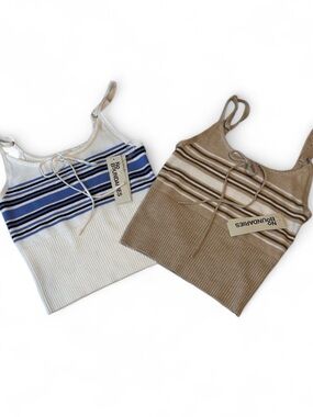 No Boundaries Bundle Of Two Striped Ribbed Tie-Front Top White/Blue & Tan/Brown